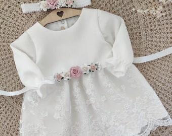 taufkleid + Gürtel + Stirnband Gr. 80, 86 Festkleid baptism dress ivory kleid, Babykleid, wedding baby girl dress
