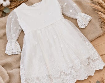 Ecru baptism lace dress, Christening dress, Baby girl wedding dress, baby girl boho dress