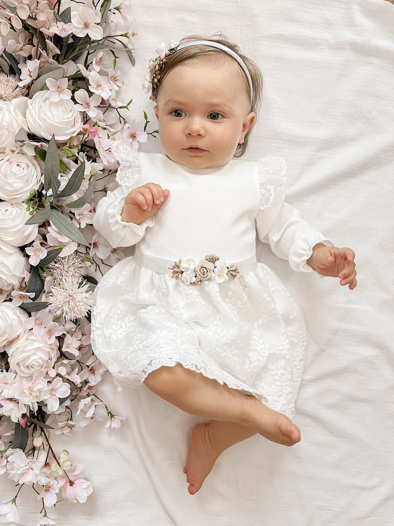 Taufkleid mädchen baby, Babykleid, Baptism dress ivory, Baby Boho Dress Baby girl lace dress Floral baby dress Baby girls wedding dress zdjęcie 1