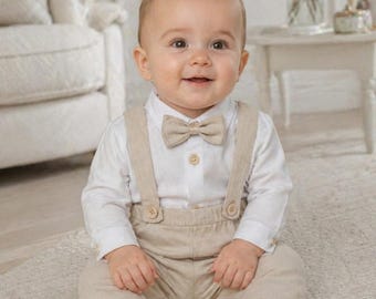 Taufe Outfit für Jungen, Taufkleidung für Jungen aus Leinen,Beiges Babyset für einen Jungen aus Leinen, Taufset für Jungen