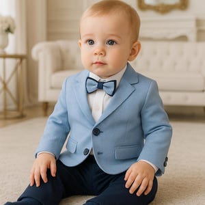 May include: A baby boy in a light blue blazer, white shirt, navy bow tie, and navy pants. The blazer has a textured pattern and a single button closure. The outfit is completed with navy socks. The baby is sitting on a light-colored rug.