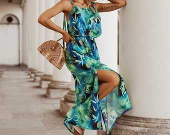 Long dress with straps Exotic Size S / M, maxi dress with tropical patterns, shades of green and blue