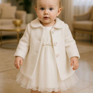 Taufkleid +Taufmantel + Mütze, Gr. 62 68 74 80 86 taufset, Taufoutfit für ein Mädchen, Ecru - Bouclé - Mantel