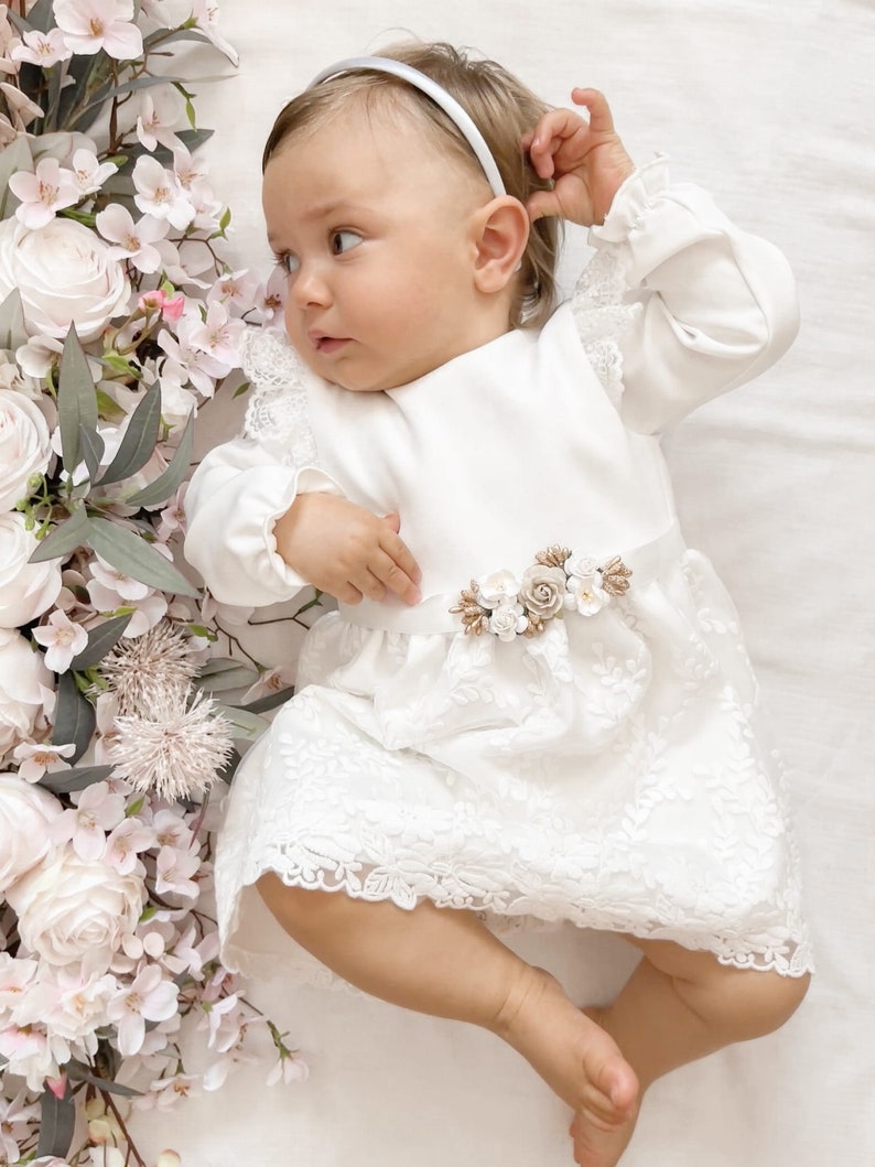 Taufkleid mädchen baby, Babykleid, Baptism dress ivory, Baby Boho Dress Baby girl lace dress Floral baby dress Baby girls wedding dress zdjęcie 5