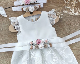 Taufkleid, baptism dress ivory Babykleid Baby Boho Dress baby girls lace dress Baby girl wedding dress Flowers baby dress