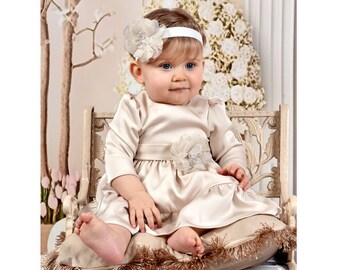 taufkleid 62, 68, 80 Vestido de bebé de seda beige con diadema, vestido de bautizo, vestido de ocasión especial para bebés, vestido de novia de niña,