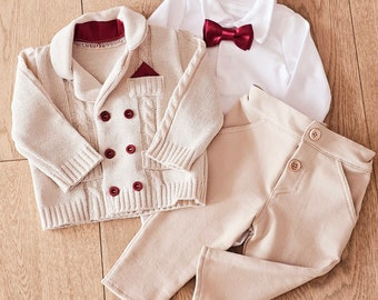 Cotton Christening set for boy, baptism Beige cotton outfit baby Boy, Boy's cotton suit, Wedding Outfit Boy, boy's suit for birthday wedding