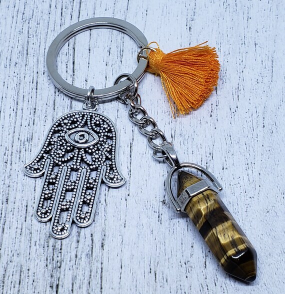 Natural Tiger Eye Crystal Heart /& Hamsa Hand Charm Keyring With Gift Bag