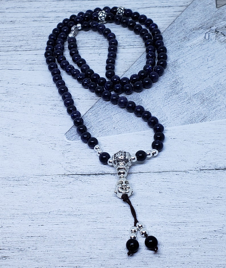 Blue Goldstone Mala Prayer Beads Tassel Necklace 108 Mala Beads