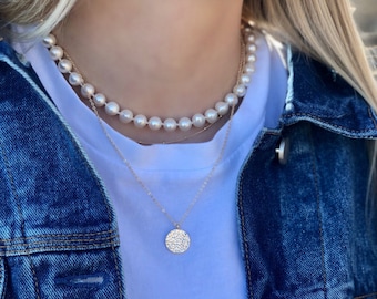 Collar de perlas auténticas AAA, redondas, blancas, de hebra completa, de agua dulce de 7 mm, 16 pulgadas, con cierre magnético de plata de ley.