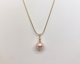 Natural Pink, Freshwater Pearl Drop Necklace,  7-8mm, round, 14k gold filled chain, 18 inches
