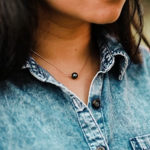Floating Black Pearl Necklace, 14K Rose Gold Filled, 7-8mm genuine freshwater pearl, single pearl necklace, 16 inches