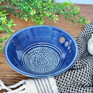 Handmade Pottery Herb Stripper, Ceramic Garlic and Ginger Grater Bowl: Deep Sea Blue