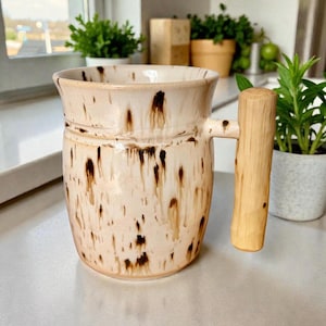 Handmade Stoneware Pottery Mug, 20 oz, Oak Wood Handle: White Birch Glaze