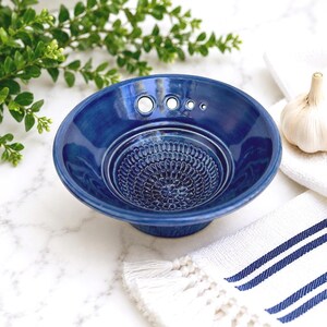 Handmade Pottery Herb Stripper, Ceramic Garlic and Ginger Grater Bowl: Deep Sea Blue, Chattered Design
