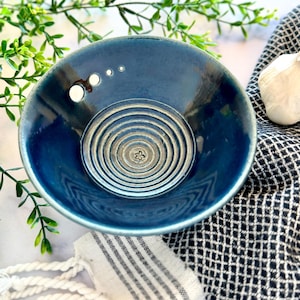 Handmade Pottery Herb Stripper, Garlic/Ginger Grater Bowl, Ceramic Kitchen Decor: Stormy Blue