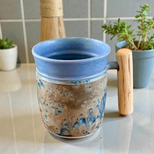 Handmade Stoneware Pottery Mug, 16 oz, Oak Wood Handle: Rustic Blue and Mocha