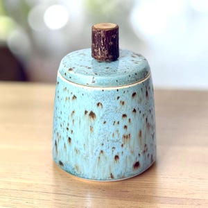 May include: A ceramic jar with a light blue glaze and brown speckles. The jar has a matching lid topped with a small, cylindrical wooden knob. The jar is likely used for storage and has a rustic, handmade aesthetic.