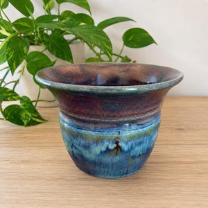Handmade Pottery Planter, Stoneware Cover Pot, Wheel Thrown, Ceramic Home Decor: Blue, Teal, Plum