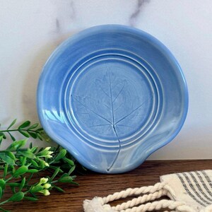 Handmade Porcelain Pottery Spoon Rest, Ceramic Kitchen Decor, Maple Leaf Imprint: Sky Blue