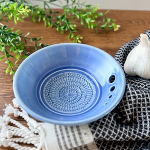 Handmade Pottery Herb Stripper, Garlic/Ginger Grater Bowl: Sky Blue