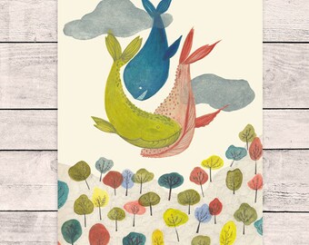 A3 Poster//Print//It's raining Whale!