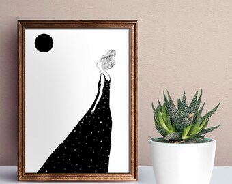 Printable illustration poster black and wihte with a woman looking at the moon