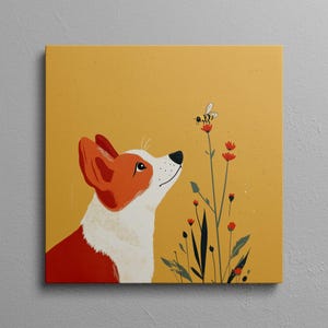 May include: A red and white corgi dog looking up at a bee on a flower. The background is a yellow color.