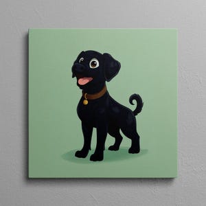 Cute Black Lab Art, Dog Painting for Nursery, Black Lab Canvas Print for Kids Room, Green and Black Dog Artwork, Black Lab Cartoon Art