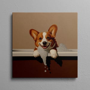 Corgi Wall Art, Corgi Dog in Bathtub Print, Cute Bathroom Dog Decor, Tricolor Dog Canvas, Fun Dog Artwork, Bubble Bath Dog Wall Art