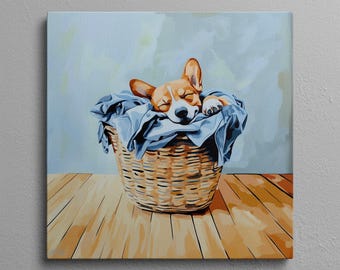 May include: A brown and white dog is sleeping in a wicker basket lined with blue fabric. The basket is on a wooden floor.