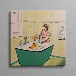 Corgi in Tub Canvas Print: Retro Bathroom Dog Wall Art