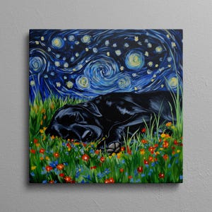 Arte de pared de labrador negro, arte de perro de noche estrellada, impresión de perro caprichoso - Impresión en lienzo con borde envuelto de 1,5 "- Labrador negro de sueños estrellados