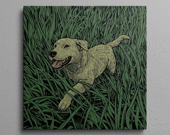 May include: A yellow Labrador Retriever runs through tall green grass with its tongue out. The dog is drawn in a stylized, almost woodcut-like style.