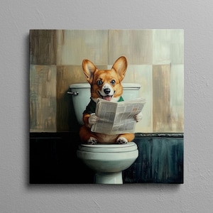Corgi On Toilet Canvas Print: Humorous Bathroom Wall Art