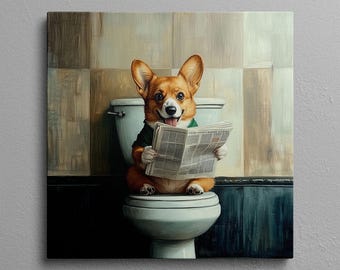 May include: A brown and white corgi dog wearing a green shirt sits on a white toilet and reads a newspaper. The dog is smiling and has its tongue sticking out. The toilet is in a bathroom with tiled walls.