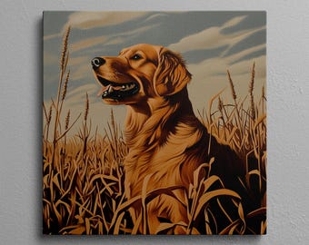 May include: A golden retriever dog with a brown coat stands in a field of tall, dry grass. The dog is looking to the left of the image, with its mouth slightly open. The background is a blue sky with white clouds.