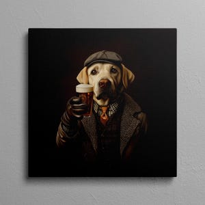 May include: A Labrador Retriever wearing a brown tweed jacket, a brown newsboy cap, and a tie, holding a glass of beer. The dog is looking directly at the viewer.