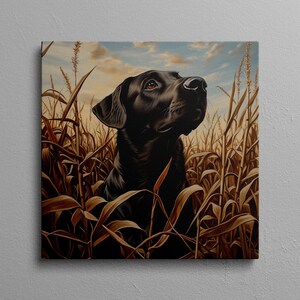 May include: A black Labrador Retriever dog stands in a field of tall, dried grass, looking up and to the right. The dog's fur is shiny and black, and its eyes are brown. The background is a blue sky with white clouds.