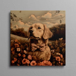 Golden Retriever Wall Art, Floral Dog Canvas Print, Cottagecore Dog Painting, Vintage Golden Retriever Artwork, Country Dog Decor