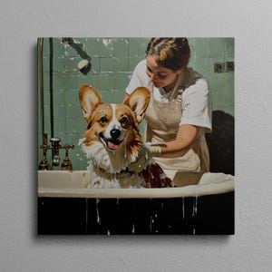 Corgi Spa Day Canvas Print: Dog Bathroom Wall Art