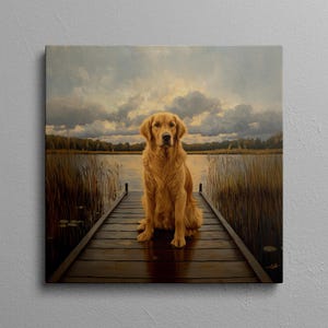 Golden Retriever Lake House Art, Golden Retriever On The Dock Wall Decor, Lake Cabin Dog Artwork, Dog Nature Fishing Canvas Print