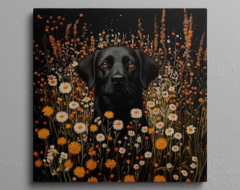 Black Lab Floral Canvas Print: Rustic Dog Portrait, Cottagecore Wall Art