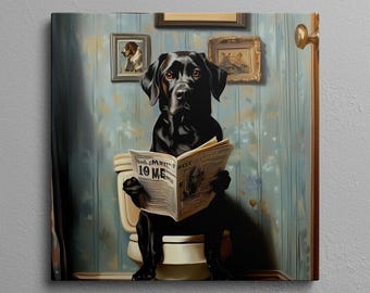 Funny Black Lab Bathroom Canvas Print: Dog on Toilet Art