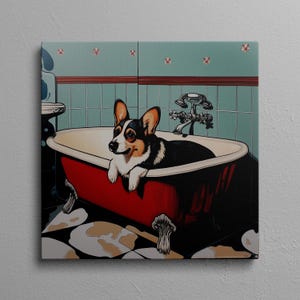 Corgi in Bathtub Canvas Print: Retro Bathroom Dog Wall Art