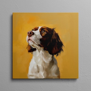 Brittany Dog Wall Art, Brittany Spaniel Canvas Print, Yellow Background Dog Painting, Modern Dog Decor, Brittany Artwork for Dog Lovers