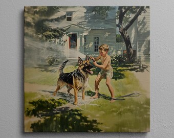 May include: A boy in a bathing suit uses a garden hose to spray water on a German Shepherd dog in a grassy yard. The dog is standing in a puddle of water and looks up at the boy.
