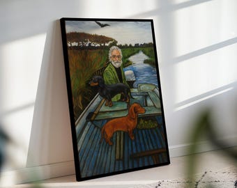Dachshund Boat Scene Art Print: Doxie Dog Painting on Canvas