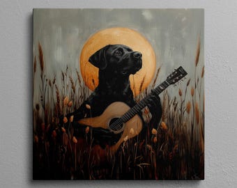 Black Lab Guitar Canvas Art: Midnight Serenade Dog Print