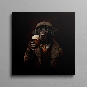 May include: A black Labrador Retriever wearing a brown tweed jacket, a brown newsboy cap, and a tie, holding a glass of beer.
